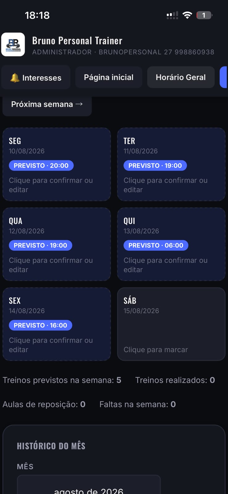 Aplicativo Bruno Personal mostrando os treinos da semana